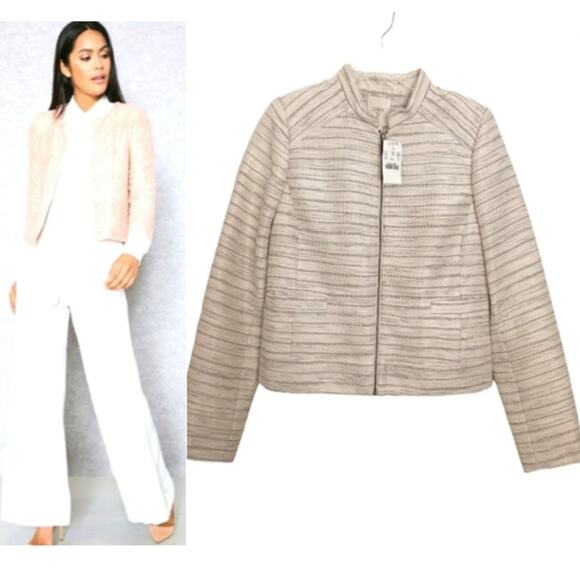 J.Crew Suiting Classy Short Jacket Sz 4 BEIGE Metallic Tweed Zip Pockets Luxury - Picture 1 of 16